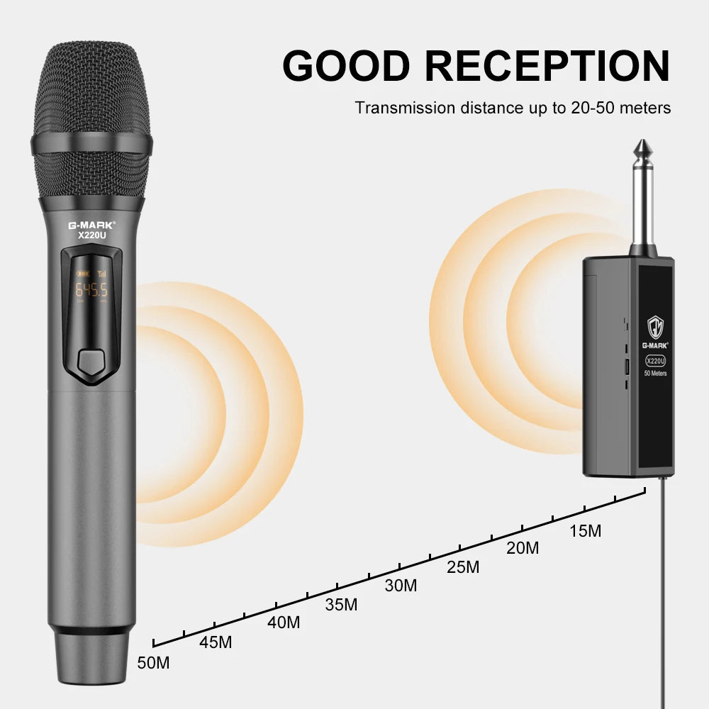 G-MARK X220U Wireless Microphone - UHF Karaoke Mic With Rechargeable Battery Receiver For Speakers & 5 Hour Performance Use