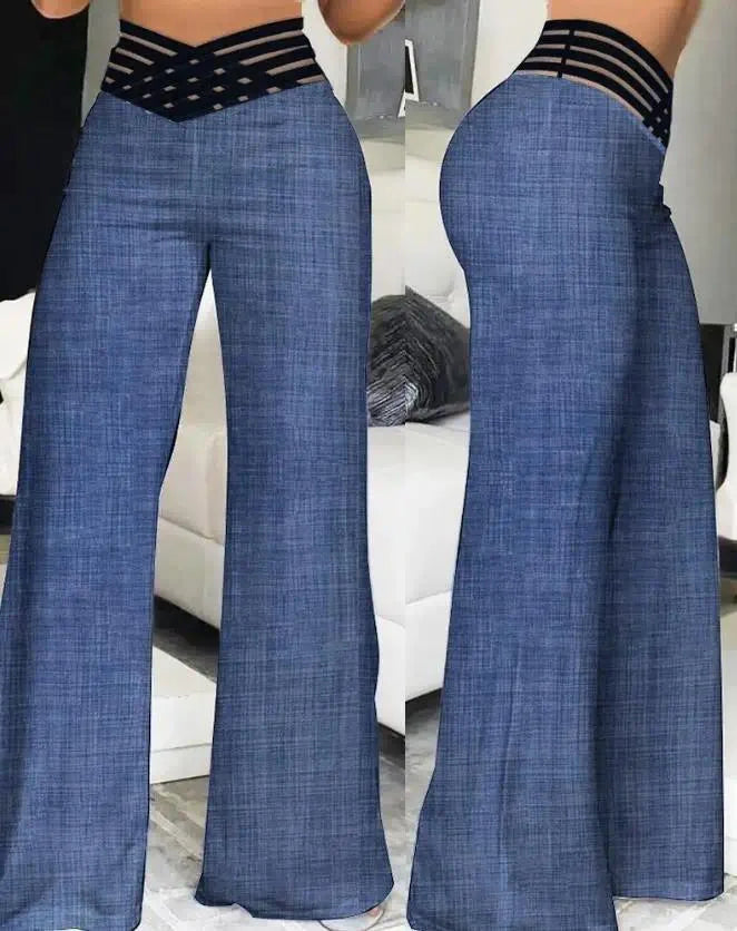 2024 Women’s Wide Leg Flared Pants – Y2K High Waist Crisscross Sheer Mesh Casual Streetwear Trousers
