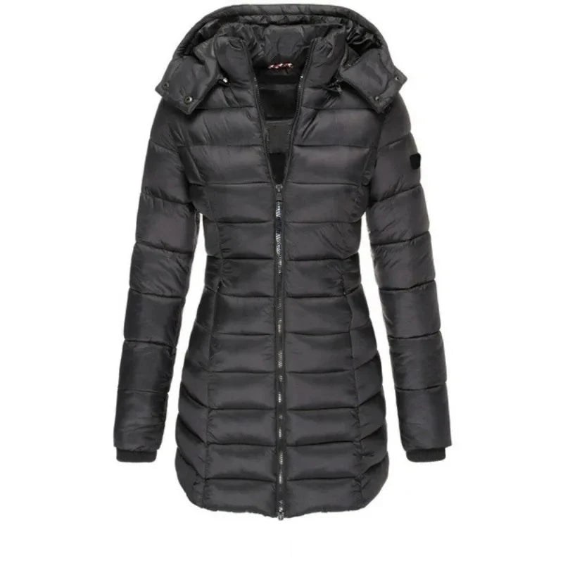 Women’s Winter Padded Parka – Thick Warm Mid-Length Slim Hooded Coat with Zipper