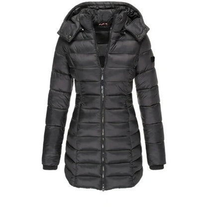 Women’s Winter Padded Parka – Thick Warm Mid-Length Slim Hooded Coat with Zipper