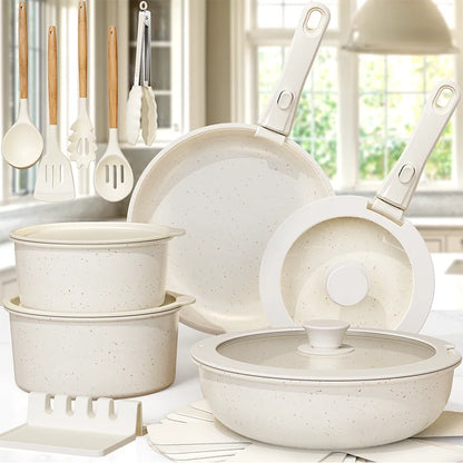 Astercook 21 Piece Ceramic Cookware Set - Non-Stick Pots and Pans with Sensor Handles in Milky White
