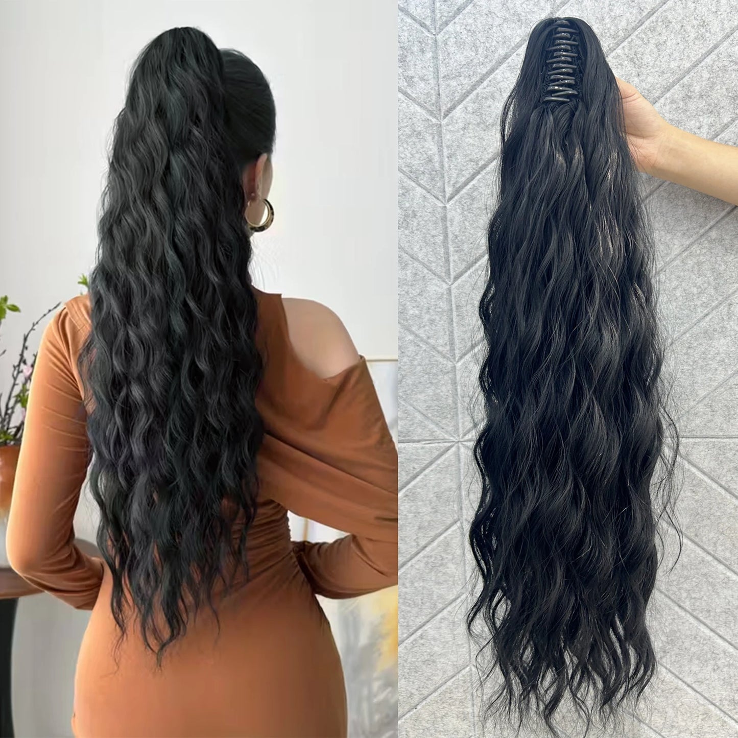Synthetic Water Wave Claw Clip Ponytail Hair Extension – Black & Blonde, Heat-Resistant Fluffy Messy Style for Women