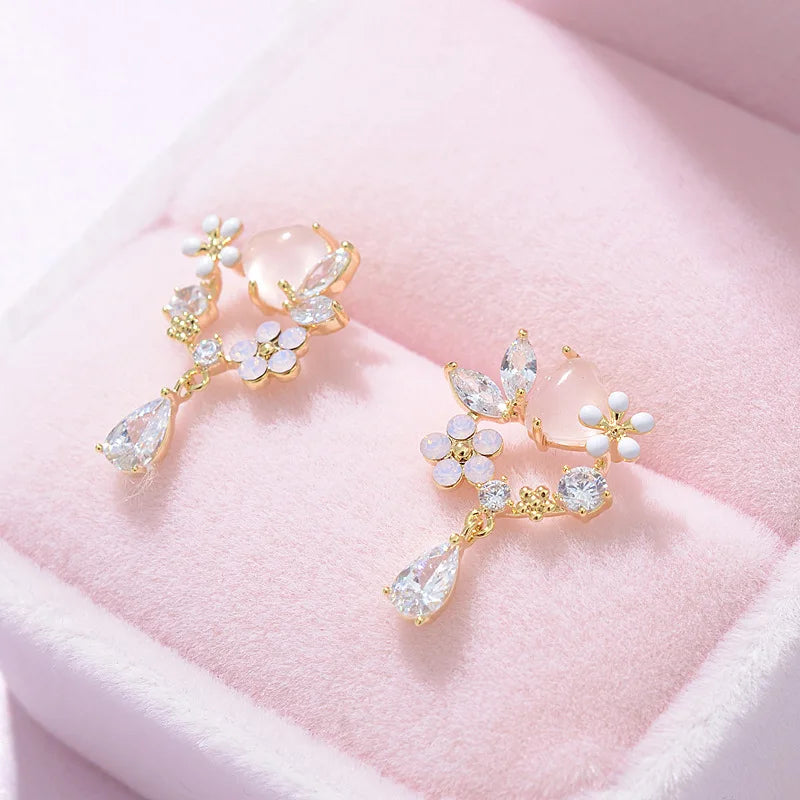 Pearl Moon Asymmetric Earrings - Butterfly Flower Zircon Drop Jewelry for Women Weddings