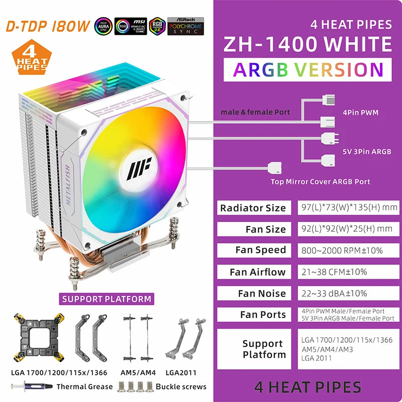 METALFISH White CPU Cooler — Silent ARGB 4-Pin PWM Fan with Radiator for Intel LGA 1700/1200/1150/1155/1156/1366/2011 & AMD AM5/AM4/AM3/X99/X79