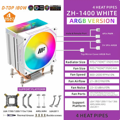 METALFISH ZH1400 ARGB CPU Cooler – 4 Heat Pipes PWM Silent Fan for Intel LGA1700/1200/115X & AMD AM5/AM4 High Performance Cooling