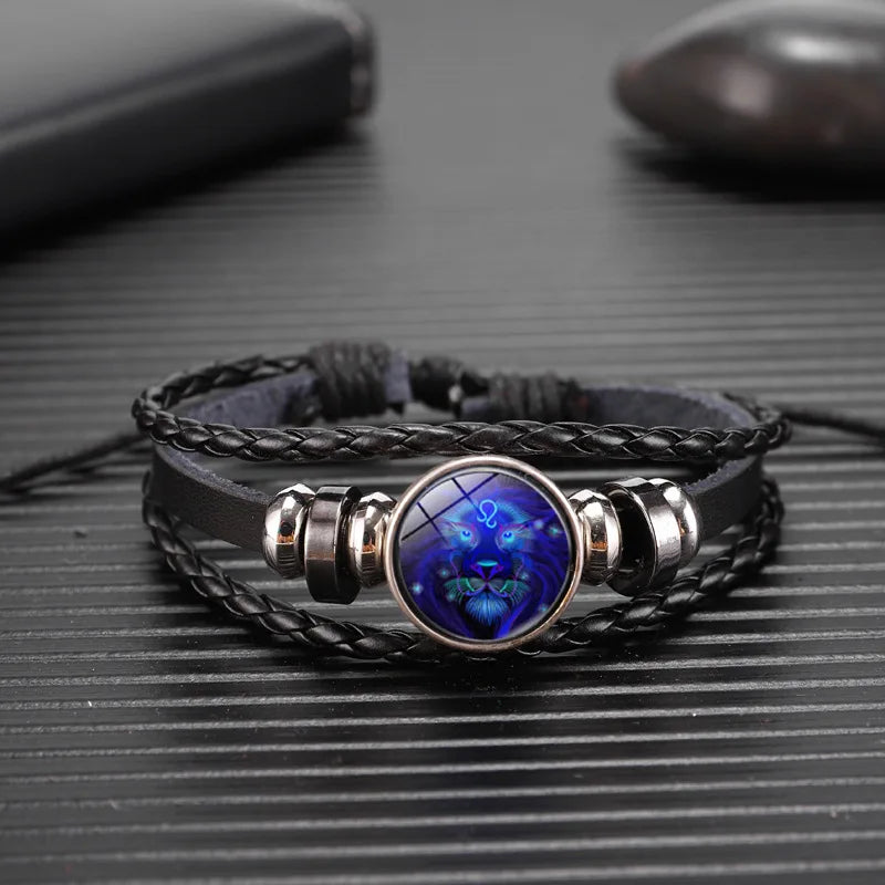 12 Zodiac Signs Constellation Charm Bracelet - Luminous Multilayer Weave Leather Bangle for Men & Women, Birthday Gift