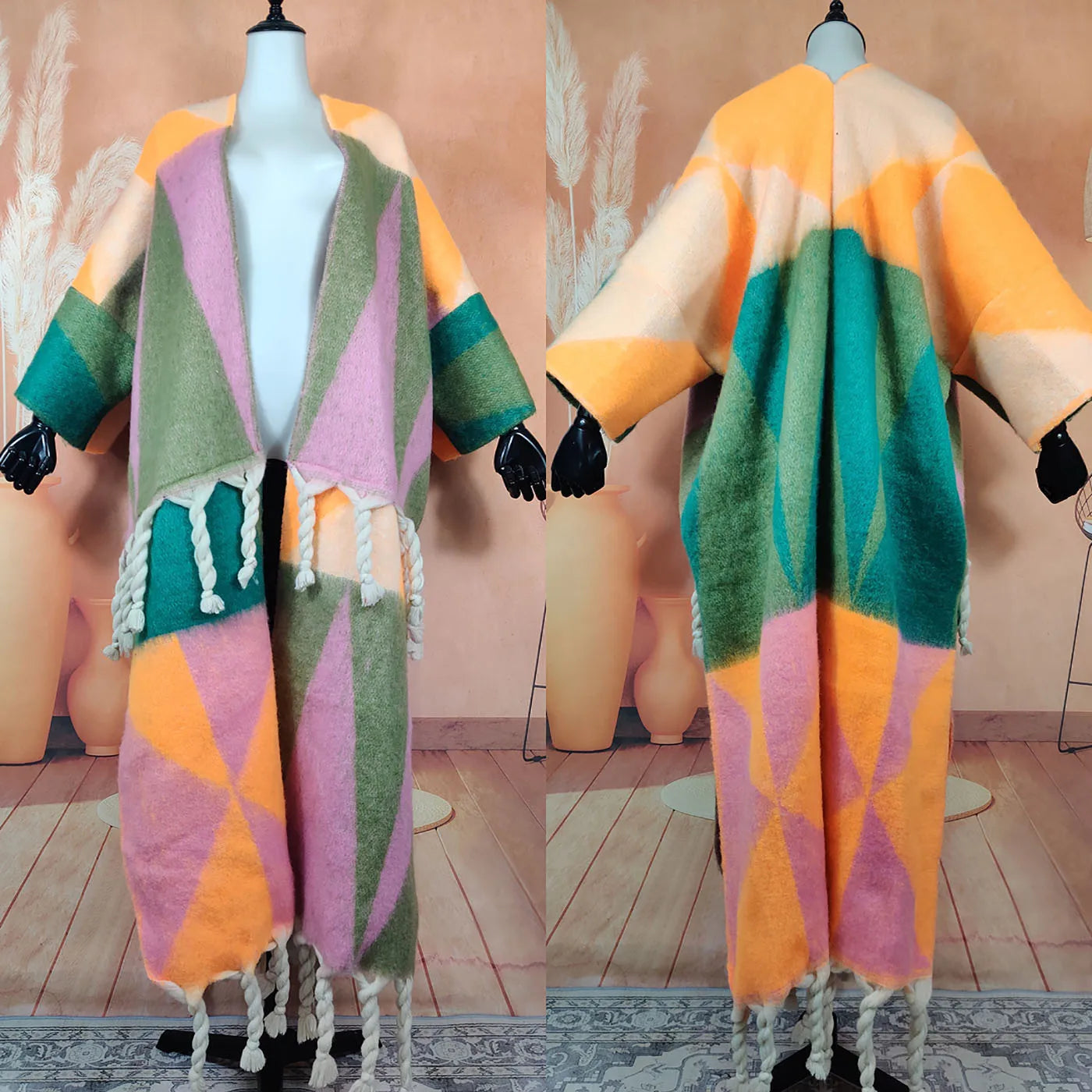 Fashion American Blogger Winter Open Front Cardigan – Oversized Warm Fuzzy Multicolor Wool Duster Coat, Soft and Stylish for Women