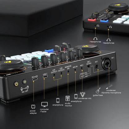 Maono AME2 Portable Audio Interface Sound Card – All-in-One DJ Mixer for Podcast Recording, Live Streaming, YouTube & Guitar PC