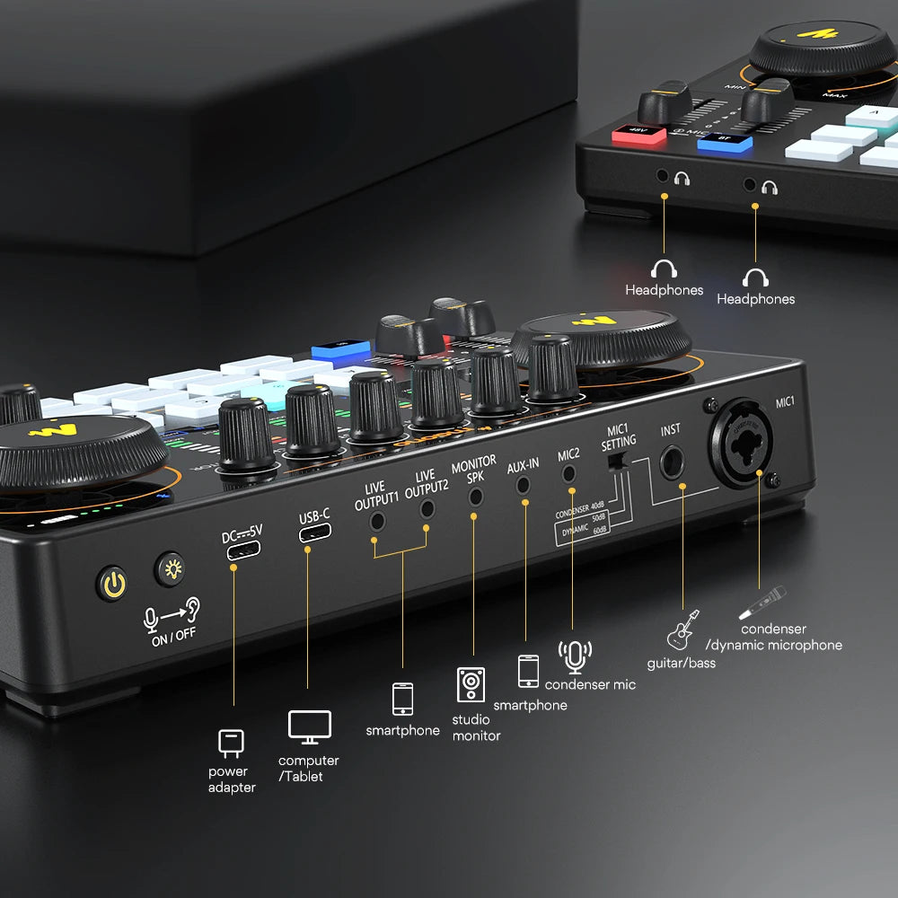 Maono AME2 Audio Interface Mixer - All-in-One Portable Podcast Studio for Recording, Live Streaming, YouTube, Guitar & PC