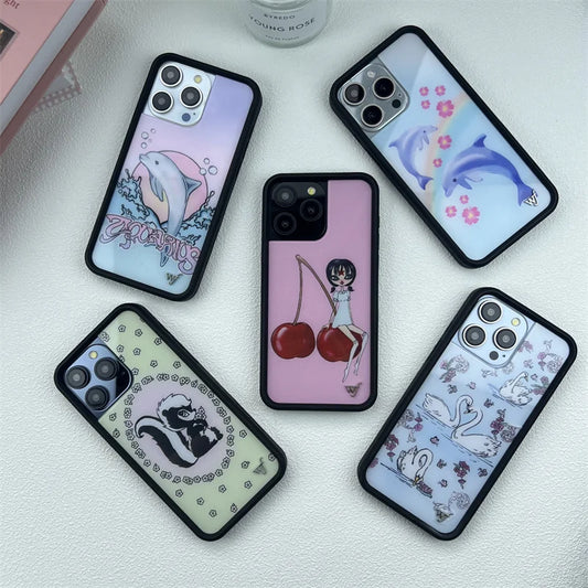 Wildflower Cute Animal Cartoon Phone Case for iPhone 16 Pro Max/16/15 Pro/15/14 Plus/13 Pro/12 Pro – Cherry, Dolphin & Swan Print Design