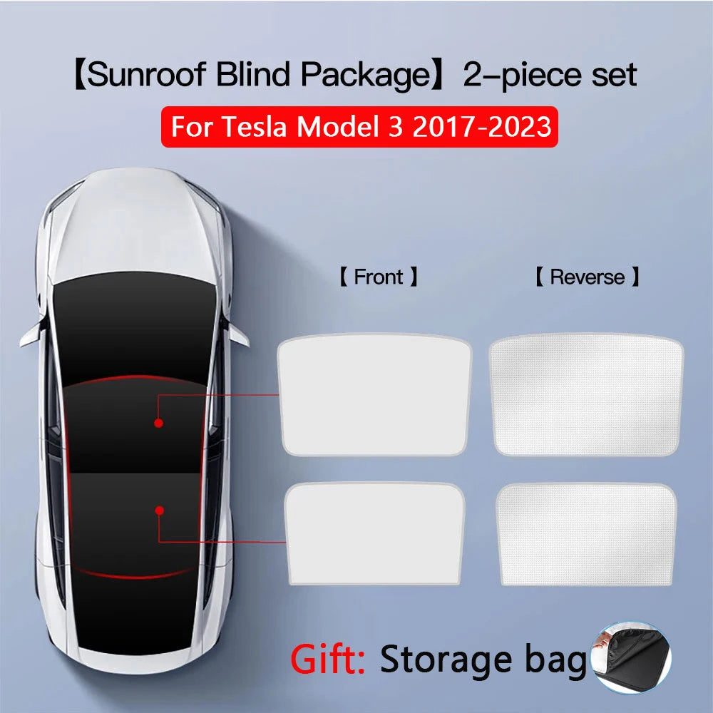 2PCS Car Roof Sunshade Set for Tesla Model 3/Y (Highland & Juniper) – Front & Rear Glass Roof Skylight Ice Cloth Buckle Sun Protection Covers
