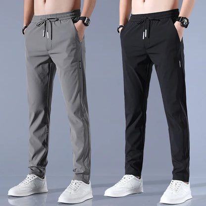 2024 New Ice Silk Men's Pants - Summer Black Gray Thin Business Casual, Elastic Breathable Outdoor Straight Leg Sweatpants