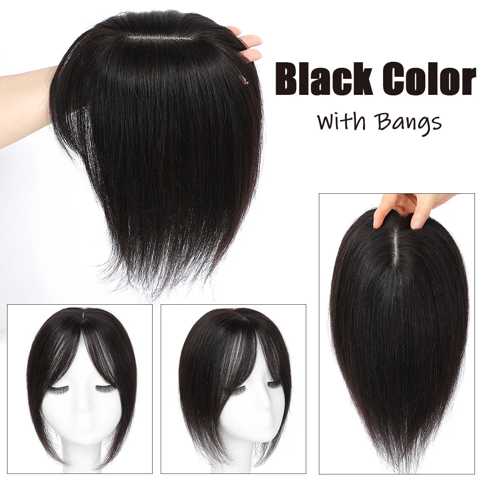 Dazzeal Human Hair Topper – 100% Real Straight Hair, Lace Base, Clip-In with Bangs, 10x12cm, 360° Coverage