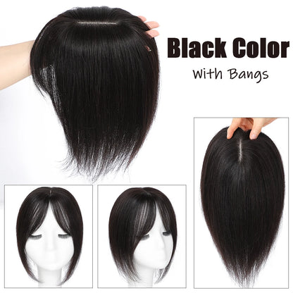 Dazzeal Human Hair Topper – 100% Real Straight Hair, Lace Base, Clip-In with Bangs, 10x12cm, 360° Coverage