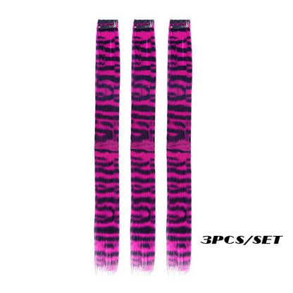 3-Piece Colorful Stripe Hair Extensions - Long Straight Synthetic Clip-In Hair Pieces for Parties & Halloween