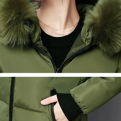 Women's Winter Parka – Fur Collar Hooded Long Jacket, Slim Fit, Warm & Thick with Letter Patch & Zipper Pockets