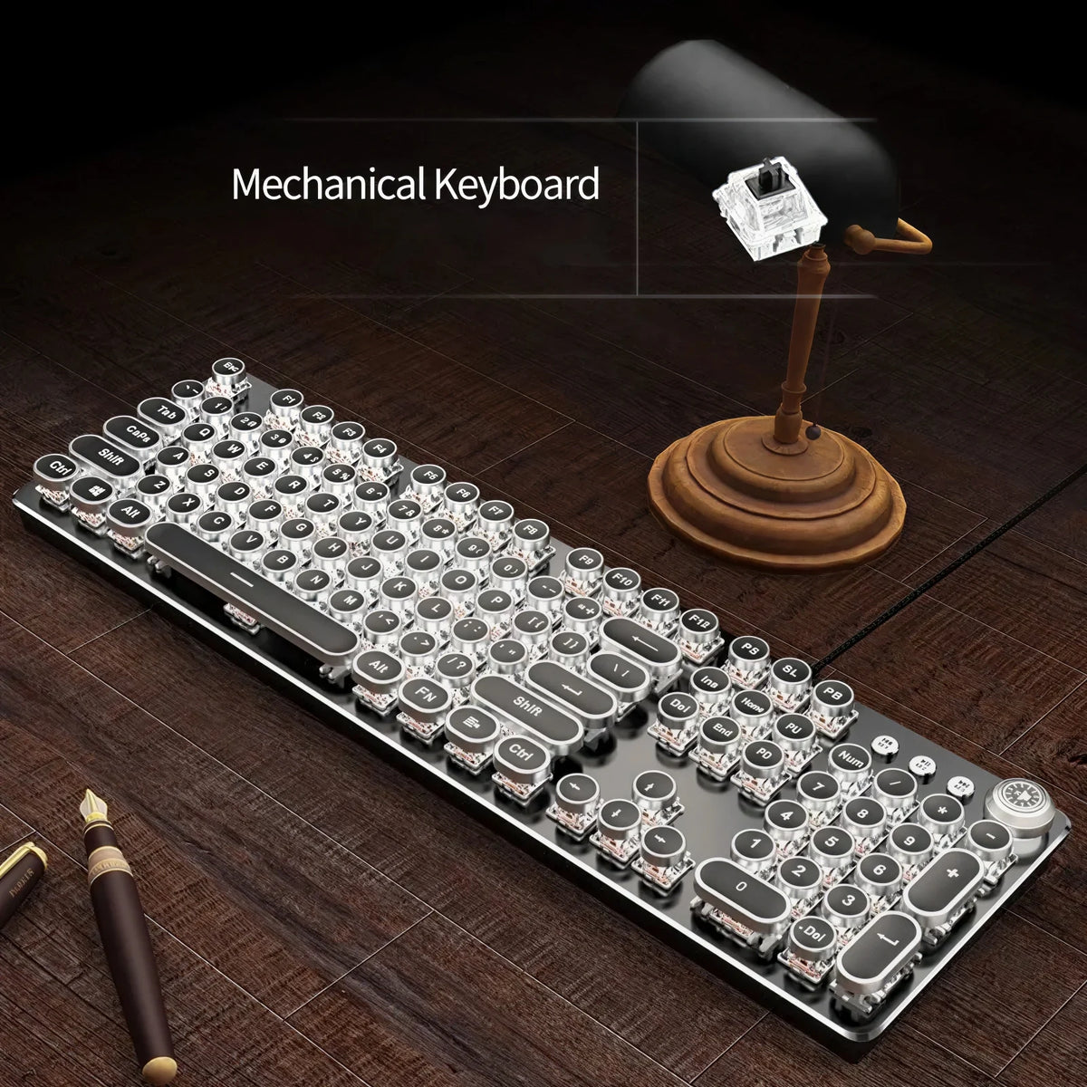 Steampunk Mechanical Gaming Keyboard - 104-Key Wired USB Keyboard with Black Switches & Round Retro Keycaps for PC & Office