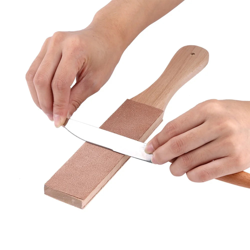 STONEGO Handmade Leather Sharpening Strop: Wooden Handle Razor Polishing Board for Double-Sided Razor Knives - Home Sharpening Tool