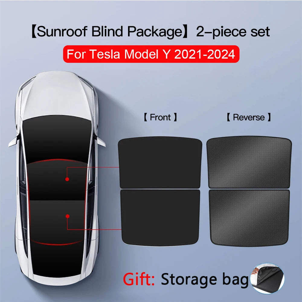 2PCS Car Roof Sunshade Set for Tesla Model 3/Y (Highland & Juniper) – Front & Rear Glass Roof Skylight Ice Cloth Buckle Sun Protection Covers