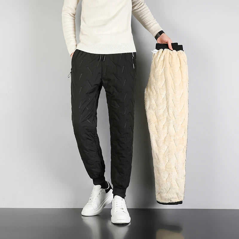 Men's Winter Fleece-Lined Sweatpants - Thick Lambswool Warm Windproof Casual Jogger Trousers