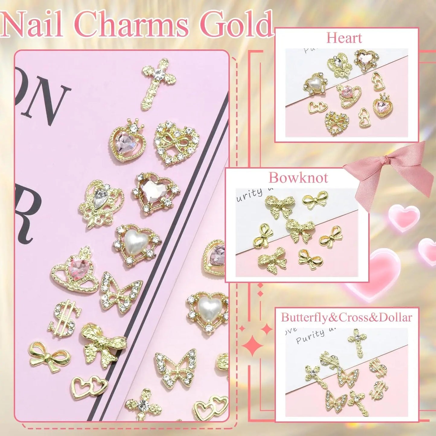 80PCS Gold Nail Charms - 12 Shapes including Heart, Butterfly, Cross, & Shiny Money Sign, 3D Alloy Nail Decorations