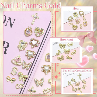 80PCS Gold Nail Charms - 12 Shapes including Heart, Butterfly, Cross, & Shiny Money Sign, 3D Alloy Nail Decorations