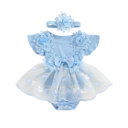 3D Flower Baby Girls’ Romper - Princess Mesh Lace Ruffle Bodysuit Dress with Headband