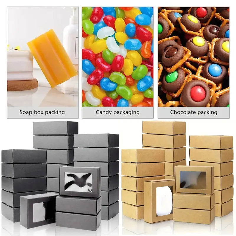 20/30/50PCS Kraft Paper Candy Boxes – Transparent PVC Window Gift Packaging for Soap, Wedding, Christmas, Baby Shower & Chocolate