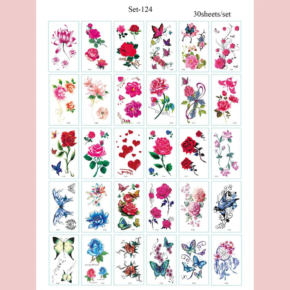 30pcs Black Temporary Tattoo Stickers - Flower Butterfly Rose Moon Star Mandala Designs for Hand, Chest & Body Art