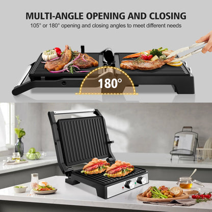 1600W Electric Panini Press Sandwich Maker — Indoor Grill with Non-Stick Plates, Adjustable Temperature & Timer