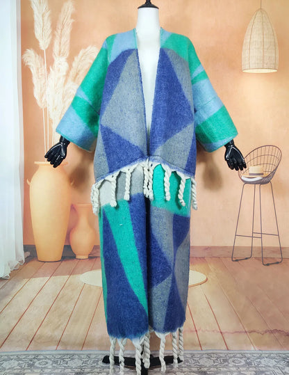 Fashion American Blogger Winter Open Front Cardigan – Oversized Warm Fuzzy Multicolor Wool Duster Coat, Soft and Stylish for Women