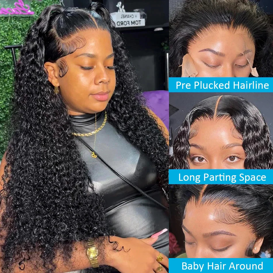 Cosdelu 13x6 Deep Wave HD Lace Frontal Wig - 30-40 Inch Human Hair, 250 Density Brazilian Water Curly Lace Front Wig for Women
