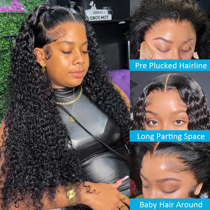 Cosdelu 13x6 Deep Wave HD Lace Frontal Wig - 30-40 Inch Human Hair, 250 Density Brazilian Water Curly Lace Front Wig for Women