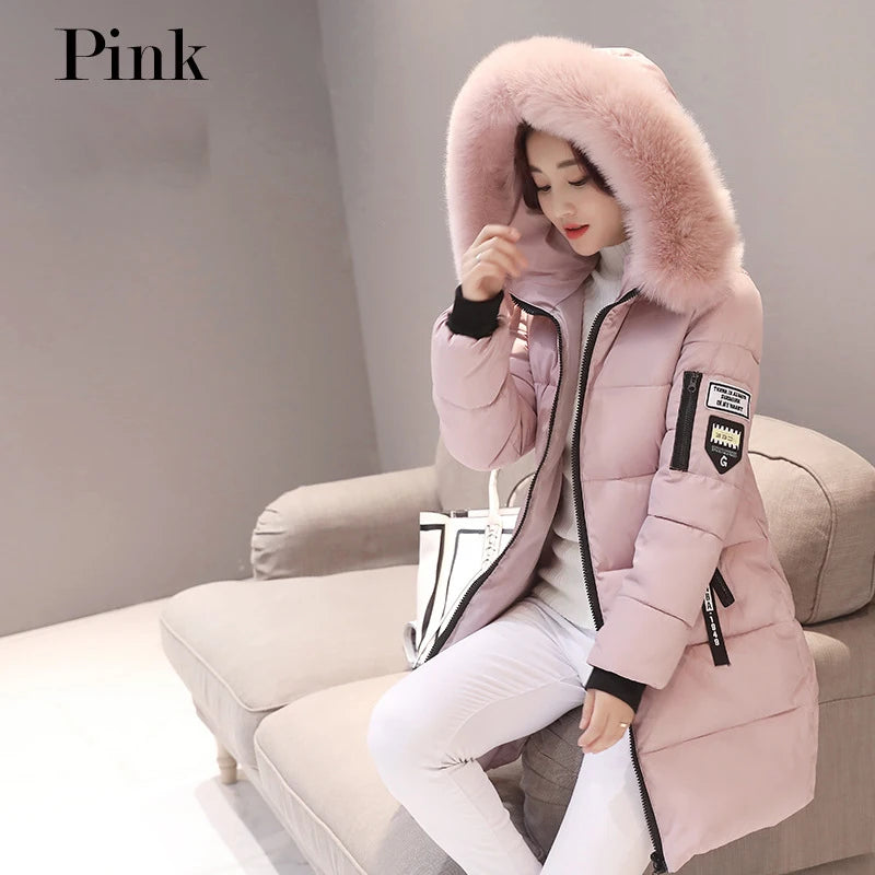 Women's Winter Parka – Fur Collar Hooded Long Jacket, Slim Fit, Warm & Thick with Letter Patch & Zipper Pockets