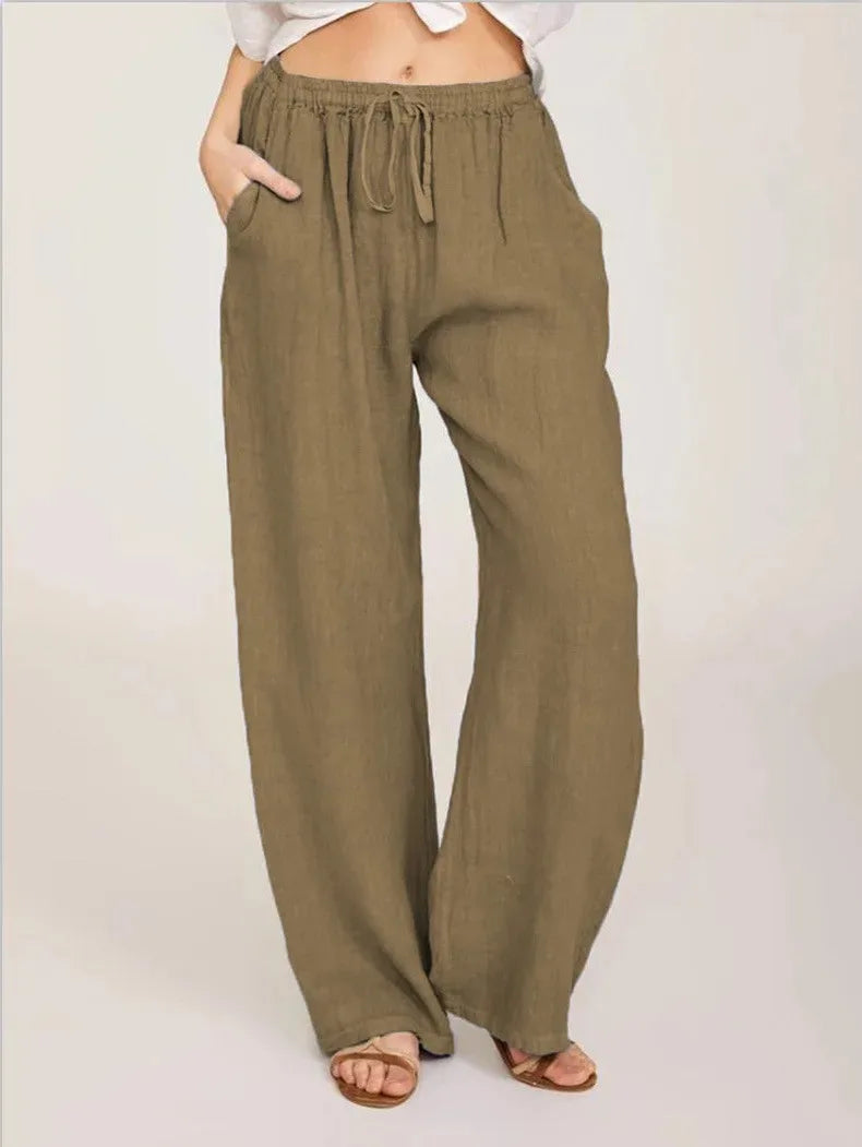 Women’s Cotton Linen Wide Leg Pants – Casual Loose Fit Elastic Waist Pocket Straight Trousers Oversized Streetwear