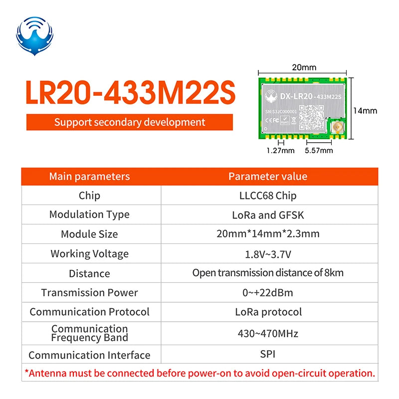 LLCC68 LoRa Wireless Module - DX-LR20 22dBm Long-Range SMD RF Module for 433/475/868/915MHz Frequencies
