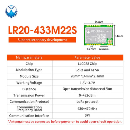 LLCC68 LoRa Wireless Module - DX-LR20 22dBm Long-Range SMD RF Module for 433/475/868/915MHz Frequencies