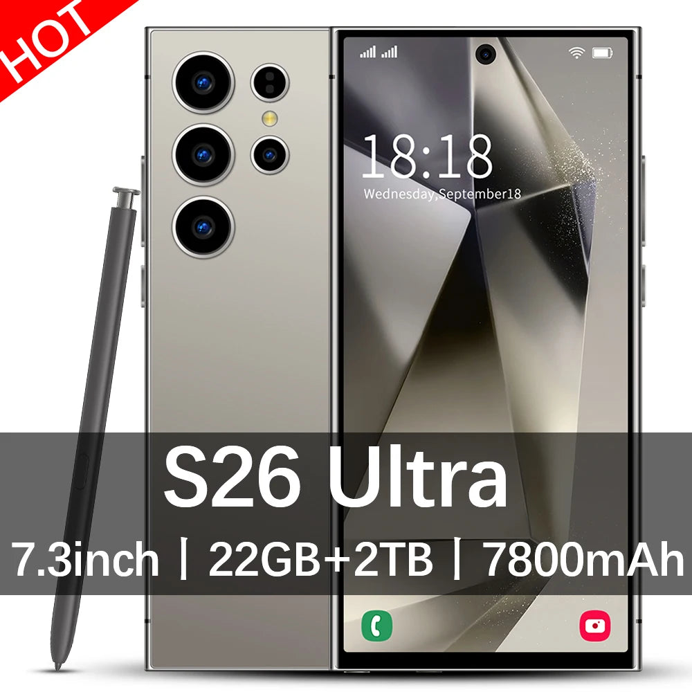 2026 HOT S26 Ultra Smartphone — 7.3" HD Global Edition, Dual SIM, 7800mAh Battery & Facial Recognition Function
