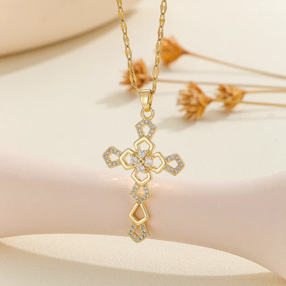 Retro Cross Necklace with Micro-Inlaid Zircon – Hollow Clavicle Chain Gift for Family & Friends, Elegant Versatile Jewelry