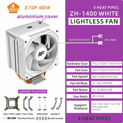 METALFISH White CPU Cooler — Silent ARGB 4-Pin PWM Fan with Radiator for Intel LGA 1700/1200/1150/1155/1156/1366/2011 & AMD AM5/AM4/AM3/X99/X79