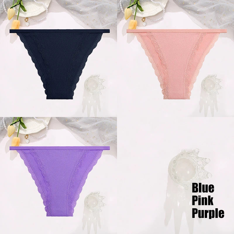 FINETOO 3pcs Women’s Lace Cotton Briefs — Solid, Comfortable, Breathable Soft Underwear & Lingerie