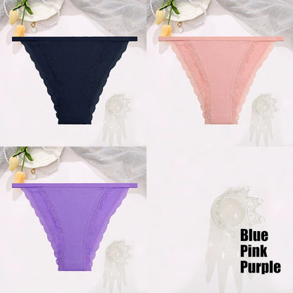 FINETOO 3pcs Women’s Lace Cotton Briefs — Solid, Comfortable, Breathable Soft Underwear & Lingerie