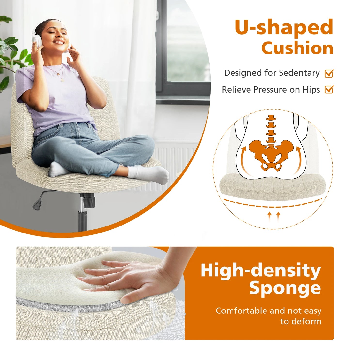 Adjustable Cross Legged Rocking Gaming Chair - Armless Wide Desk Swivel Task Chair for Home Office and Living Room