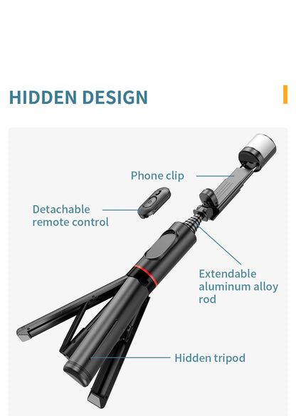Roreta Portable Wireless Bluetooth Selfie Stick Tripod with Fill Light – Telescopic for iPhone 13, Huawei, Xiaomi & Android Phones