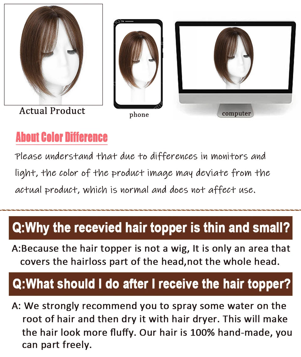 Dazzeal Human Hair Topper – 100% Real Straight Hair, Lace Base, Clip-In with Bangs, 10x12cm, 360° Coverage