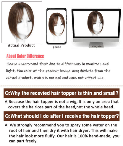 Dazzeal Human Hair Topper – 100% Real Straight Hair, Lace Base, Clip-In with Bangs, 10x12cm, 360° Coverage