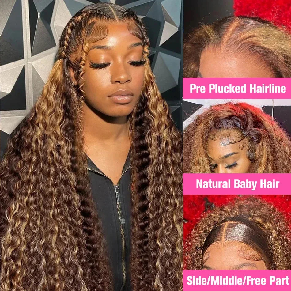 Honey Blonde Deep Water Wave HD Lace Frontal Wig – 13x6 Human Hair, Highlight Curly, 30-34 Inch Length