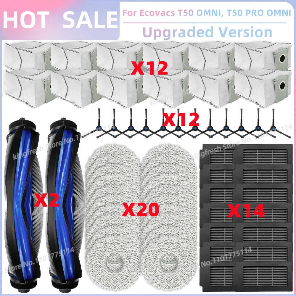 ECOVACS T50 PRO/OMNI Vacuum Replacement Parts – Main Roller, Side Brush, HEPA Filter, Mop Cloth & Dust Bag