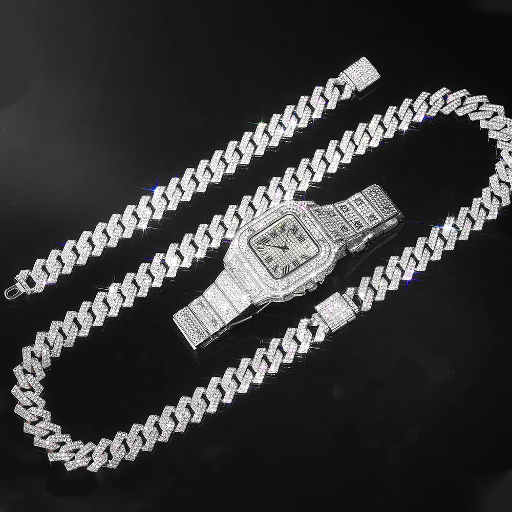 Gold Color Cuban Chain Watch for Men - Hip Hop Miami Curb, Iced Out Rhinestones, Bling Rapper Necklace, Watch & Bracelet Jewelry