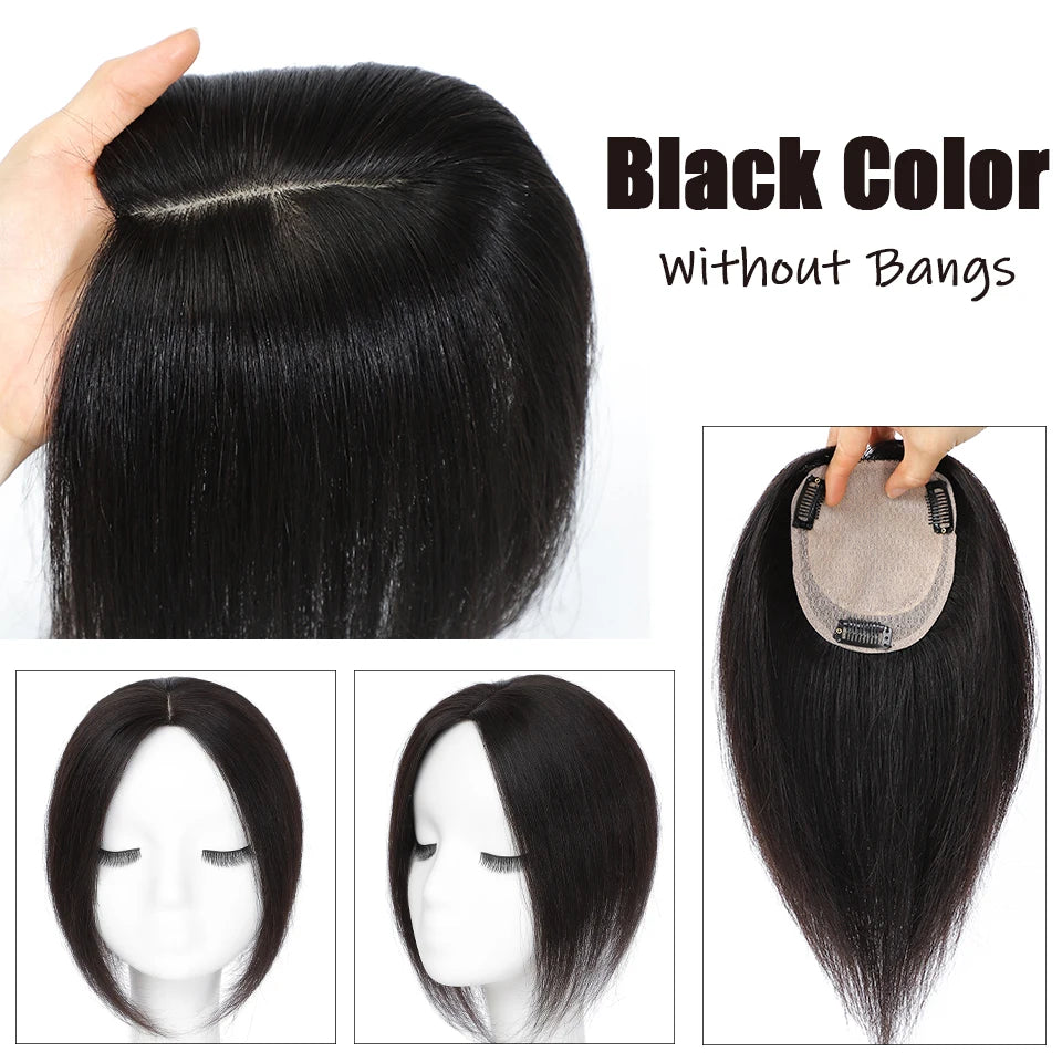 Dazzeal Human Hair Topper – 100% Real Straight Hair, Lace Base, Clip-In with Bangs, 10x12cm, 360° Coverage